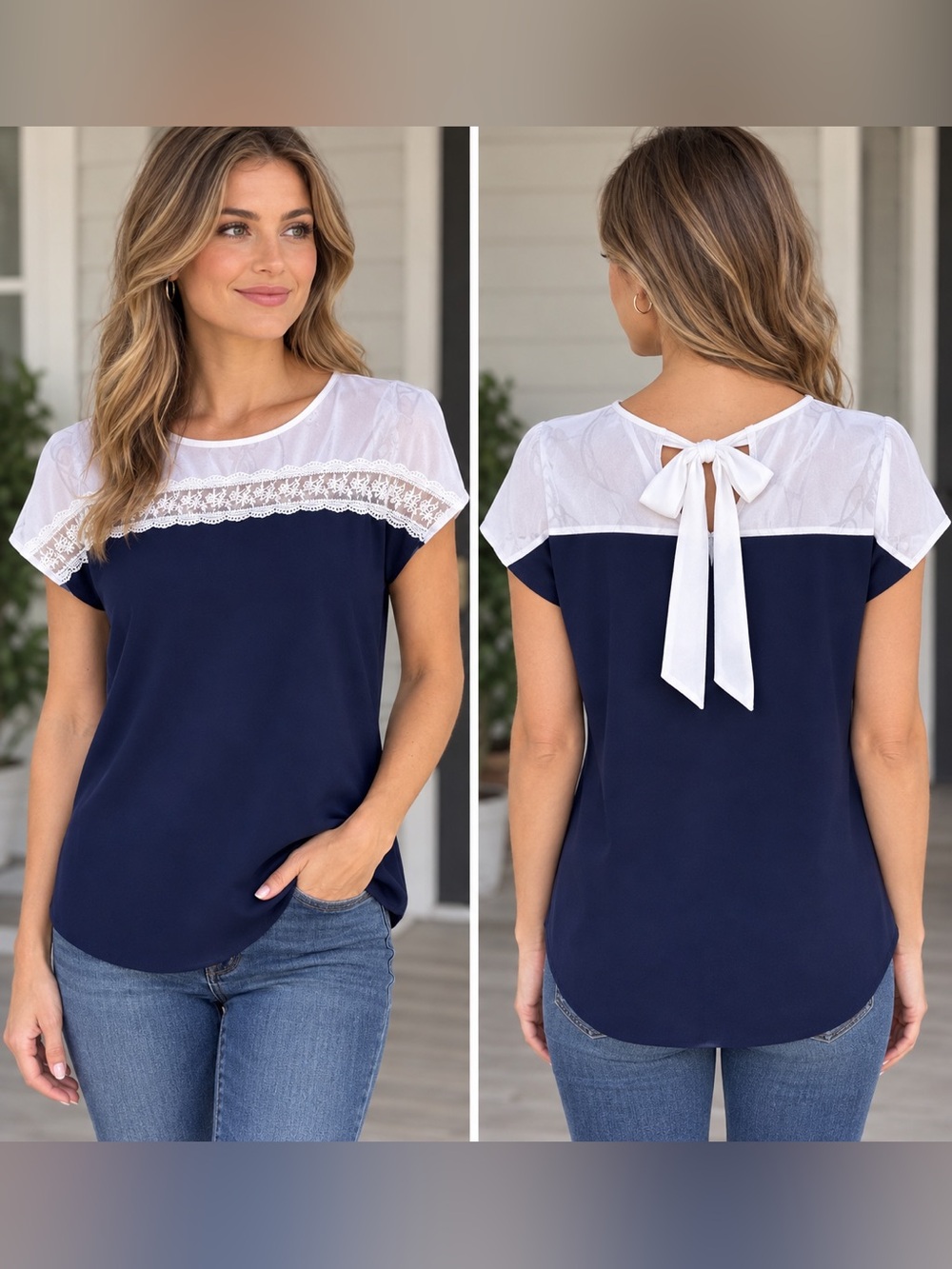 Faith and Joy Women’s Sz Medium Sleeveless Top Bow Blouse Navy White